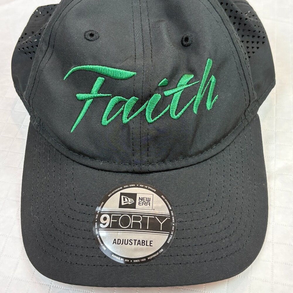 New Era 9FORTY black adjustable trucker hat with green embroidered word "Faith" - Picture 2 of 12